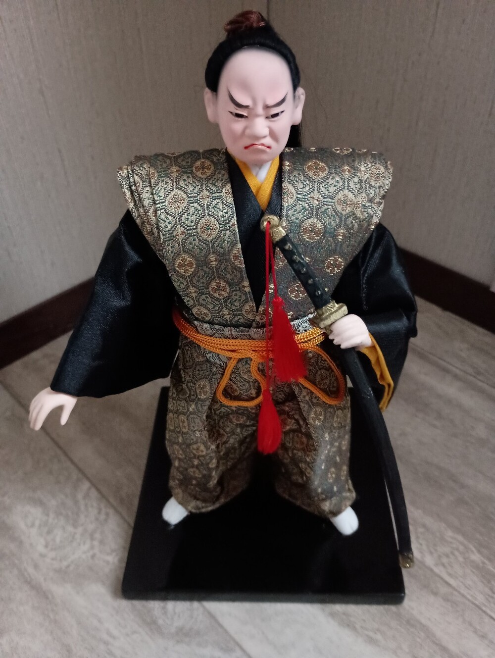 Japanese Samurai Doll in Black and Gold Kimono